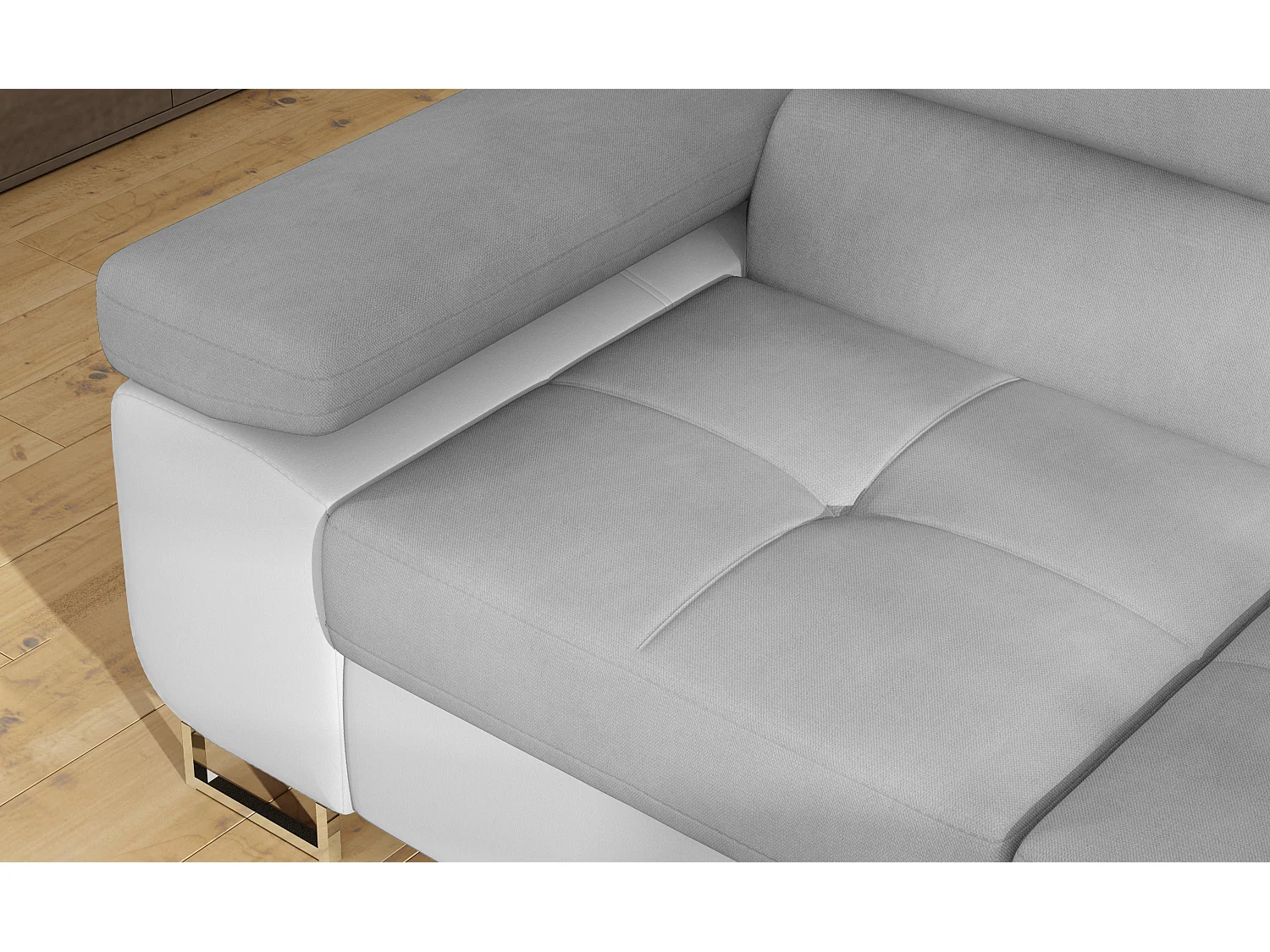 Sofá esquinero convertible en símil piel y tela reposacabezas elevables - Colección Marka-Blanco/Gris ratón-Ángulo izquierdo