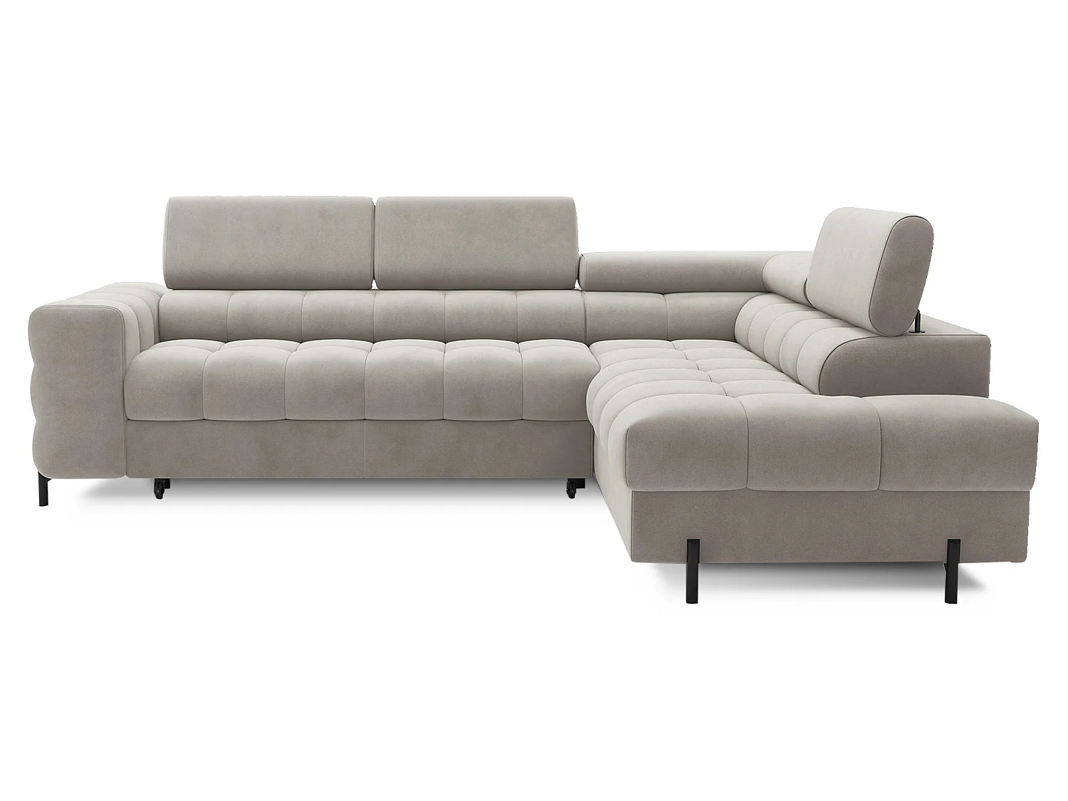 Canapé d’angle convertible LUCCINO en tissu avec coffre, têtières réglables et pieds en métal noir – 276cm-Marron clair-angle droit