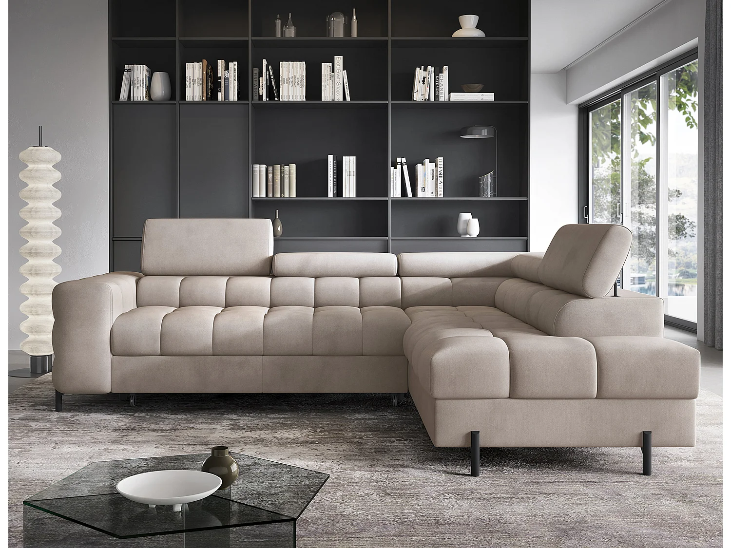 Canapé d’angle convertible LUCCINO en tissu avec coffre, têtières réglables et pieds en métal noir – 276cm-Marron clair-angle droit