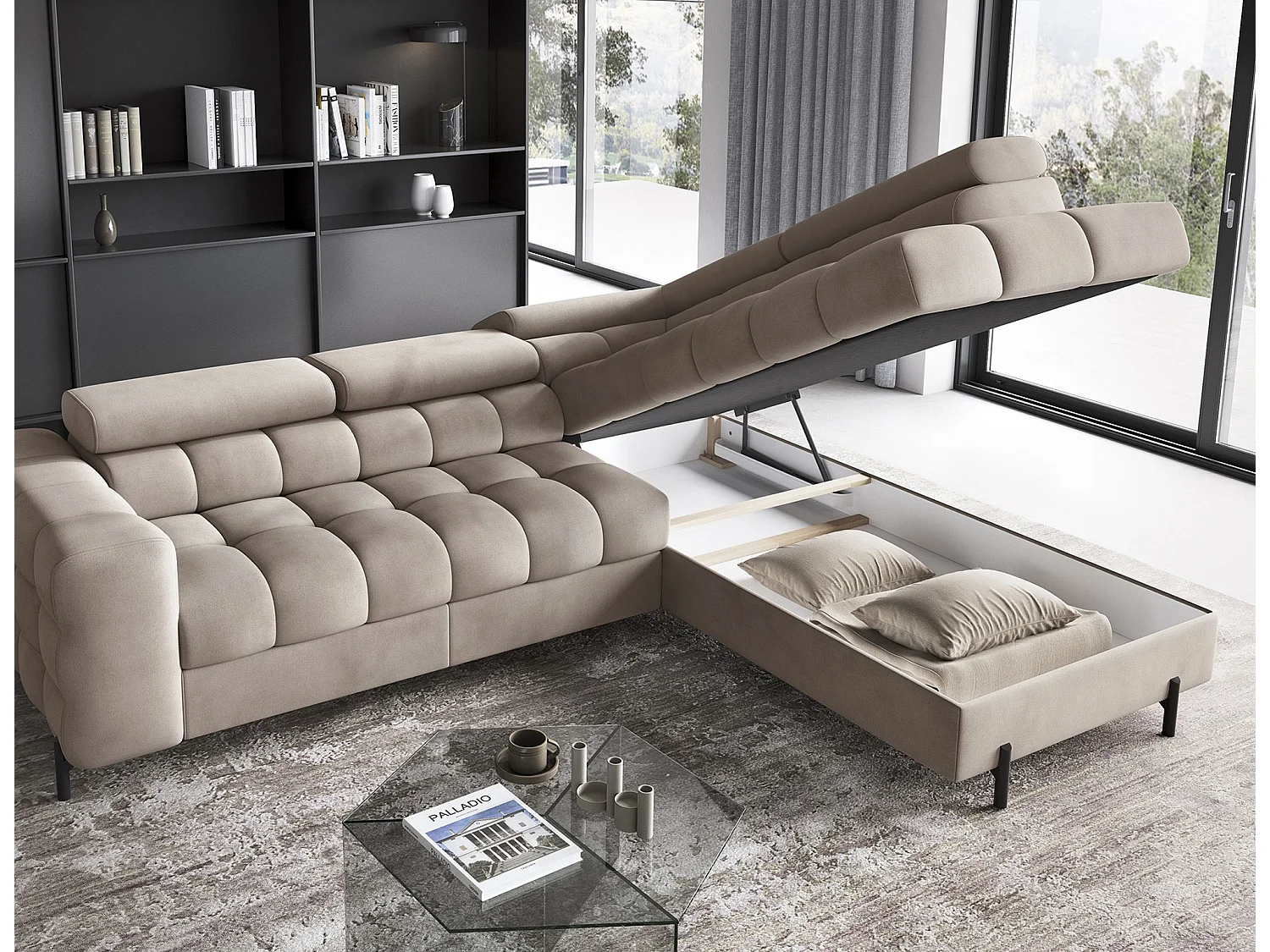Canapé d’angle convertible LUCCINO en tissu avec coffre, têtières réglables et pieds en métal noir – 276cm-Marron clair-angle droit