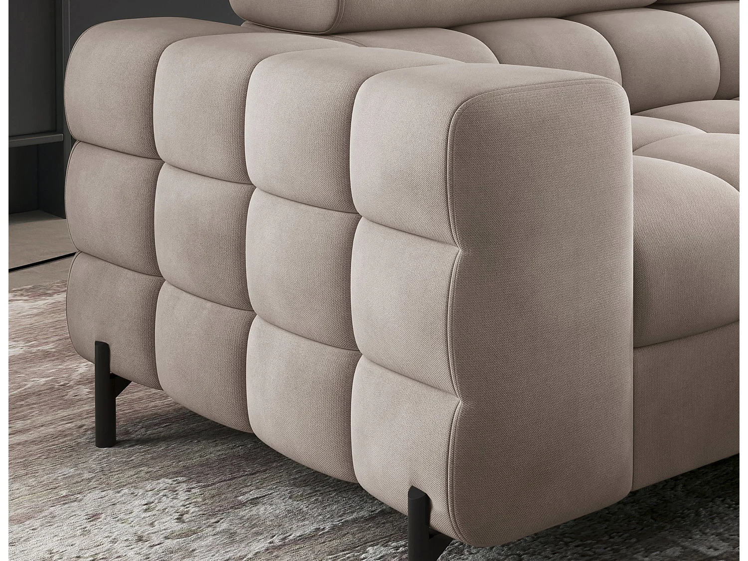 Canapé d’angle convertible LUCCINO en tissu avec coffre, têtières réglables et pieds en métal noir – 276cm-Marron clair-angle droit