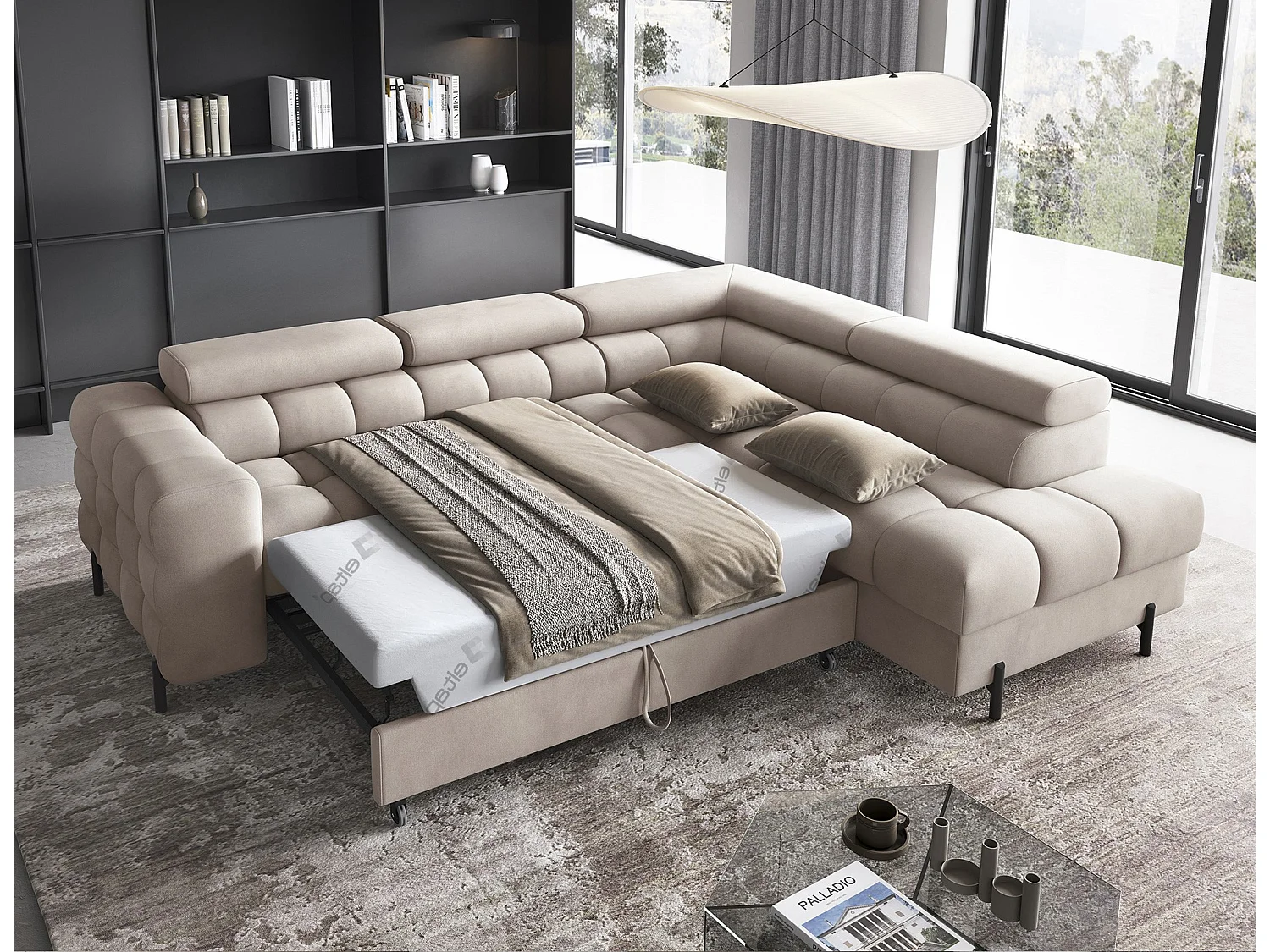 Canapé d’angle convertible LUCCINO en tissu avec coffre, têtières réglables et pieds en métal noir – 276cm-Marron clair-angle droit