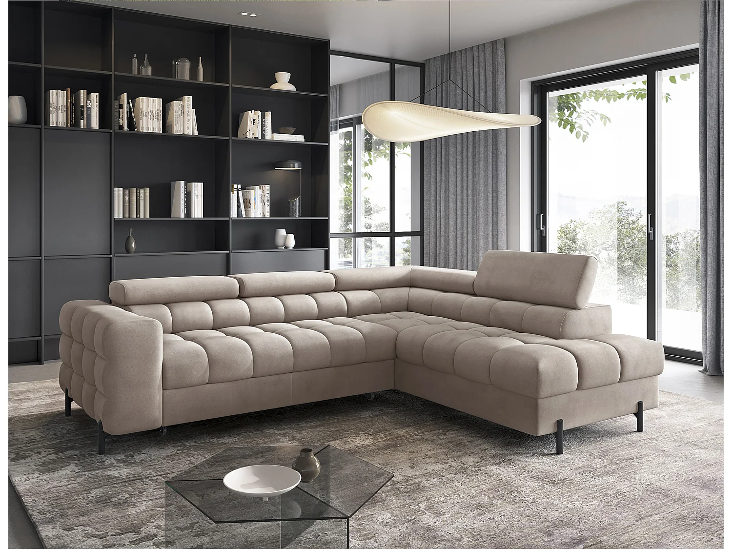 Canapé d’angle convertible LUCCINO en tissu avec coffre, têtières réglables et pieds en métal noir – 276cm-Marron clair-angle droit