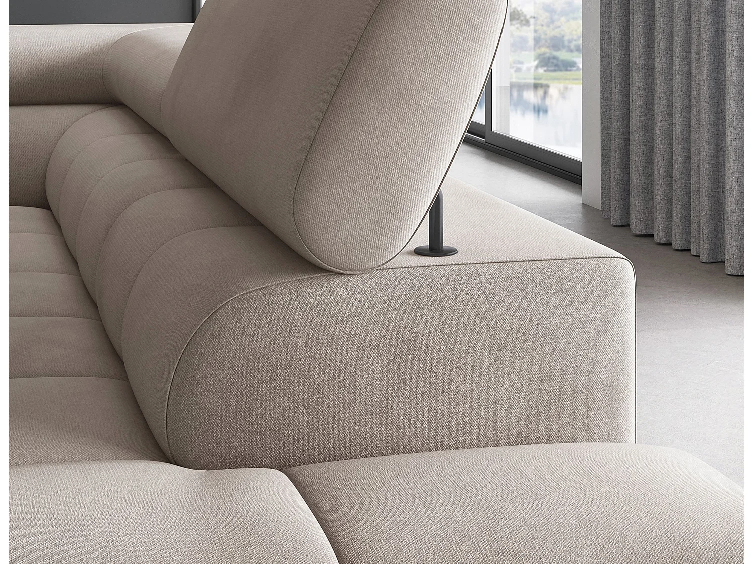 Canapé d’angle convertible LUCCINO en tissu avec coffre, têtières réglables et pieds en métal noir – 276cm-Marron clair-angle droit