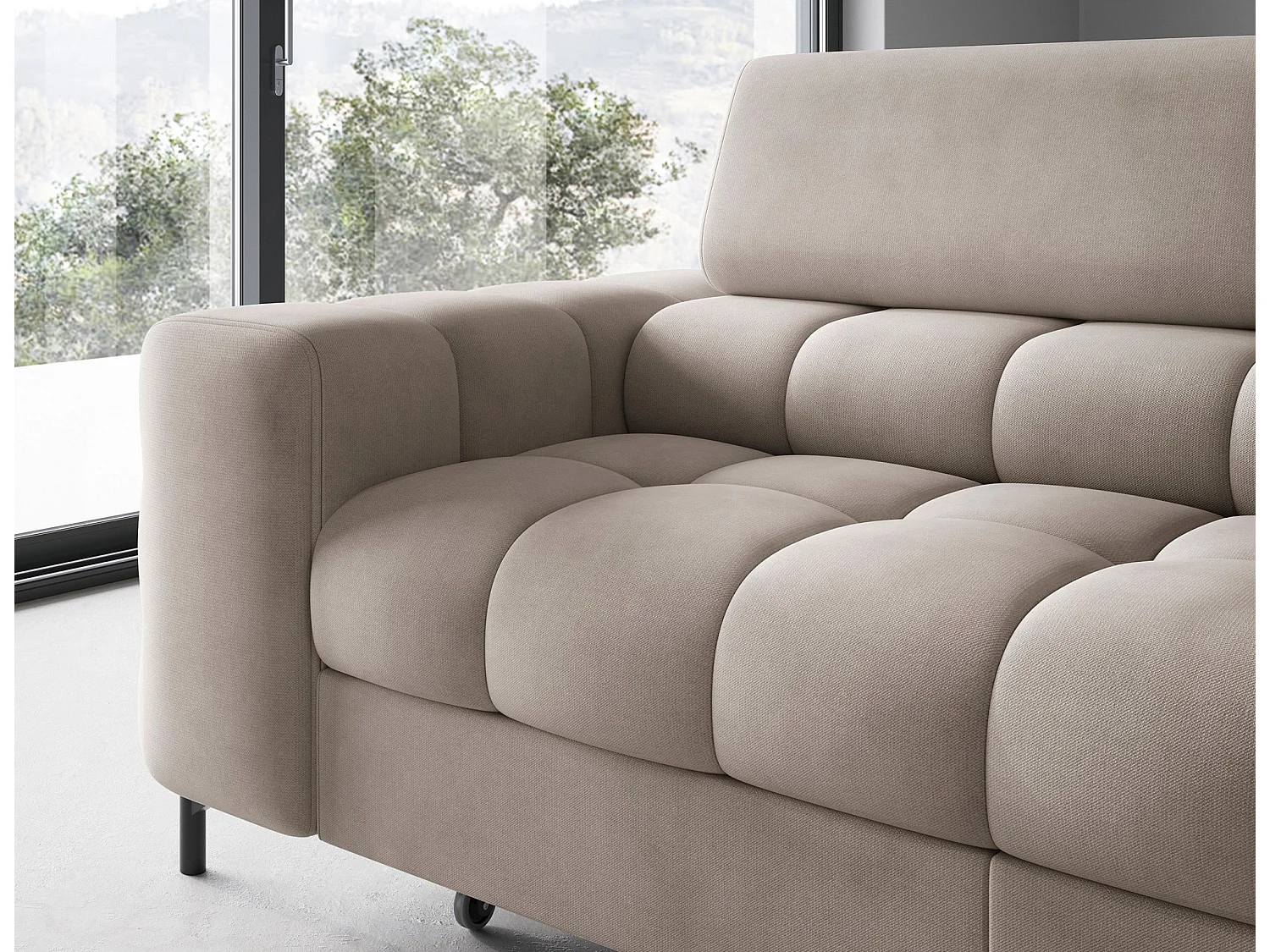 Canapé d’angle convertible LUCCINO en tissu avec coffre, têtières réglables et pieds en métal noir – 276cm-Marron clair-angle droit