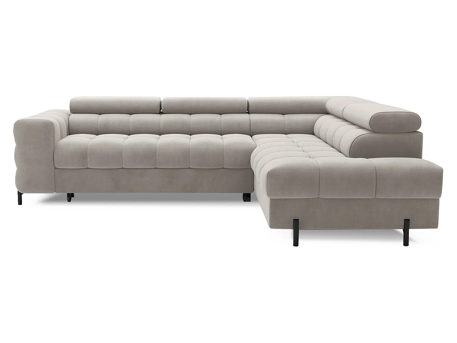 Canapé d’angle convertible LUCCINO en tissu avec coffre, têtières réglables et pieds en métal noir – 276cm-Marron clair-angle droit