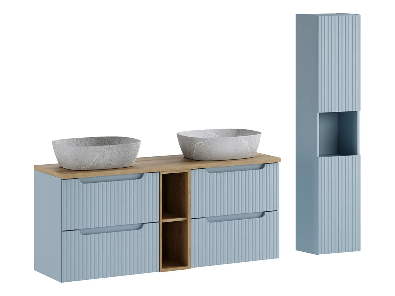 Conjunto de baño suspendido NOVA Denim de 170 cm: lavabo doble gris con columna y espacio de almacenamiento.