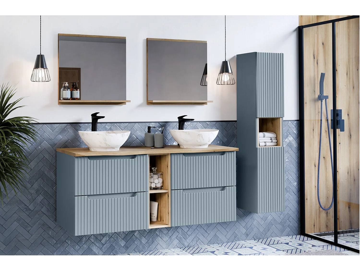 Conjunto de baño suspendido NOVA Denim de 170 cm: lavabo doble gris con columna y espacio de almacenamiento.