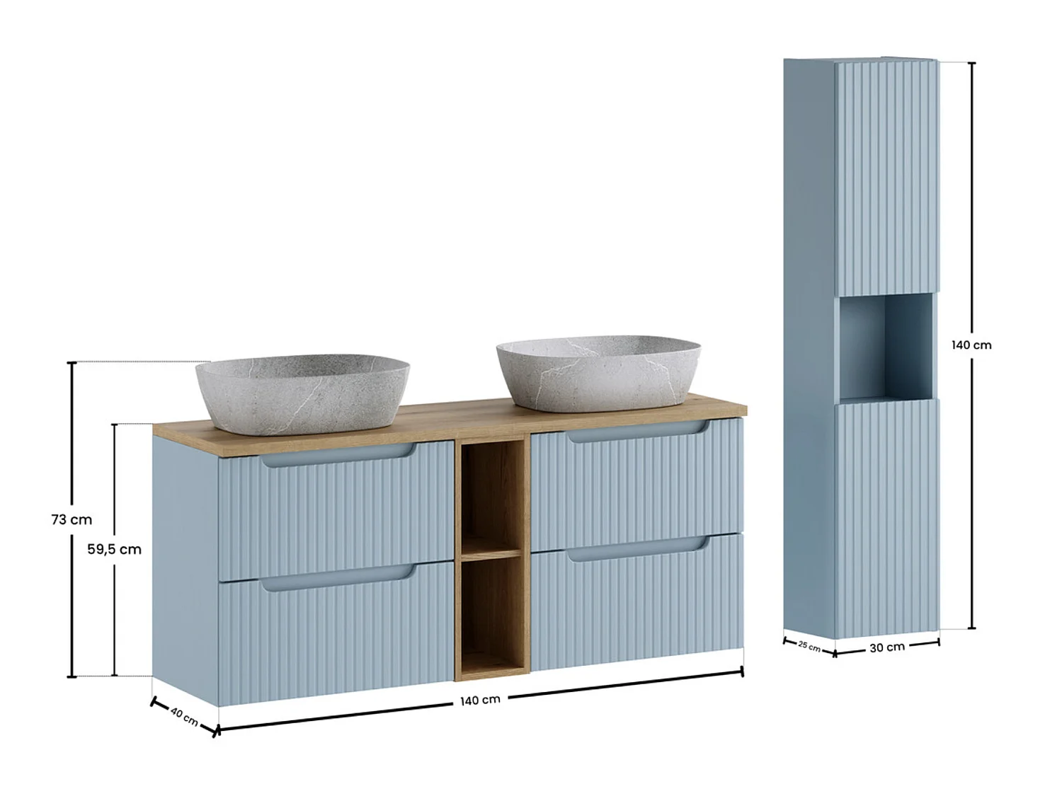Conjunto de baño suspendido NOVA Denim de 170 cm: lavabo doble gris con columna y espacio de almacenamiento.