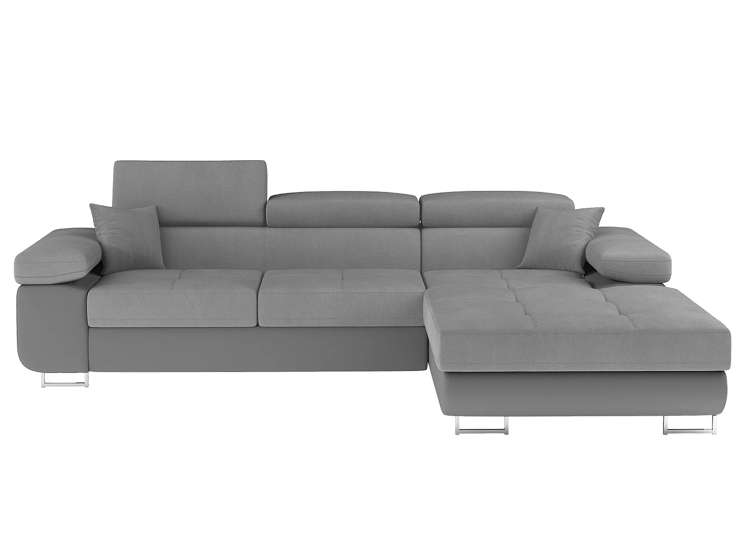 Sofá esquinero convertible KALIZO con reposacabezas regulables - Base y patas de acero cromado-Gris oscuro/gris-Ángulos rectos