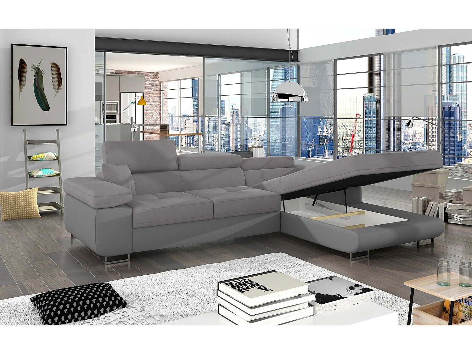 Sofá esquinero convertible KALIZO con reposacabezas regulables - Base y patas de acero cromado-Gris oscuro/gris-Ángulos rectos