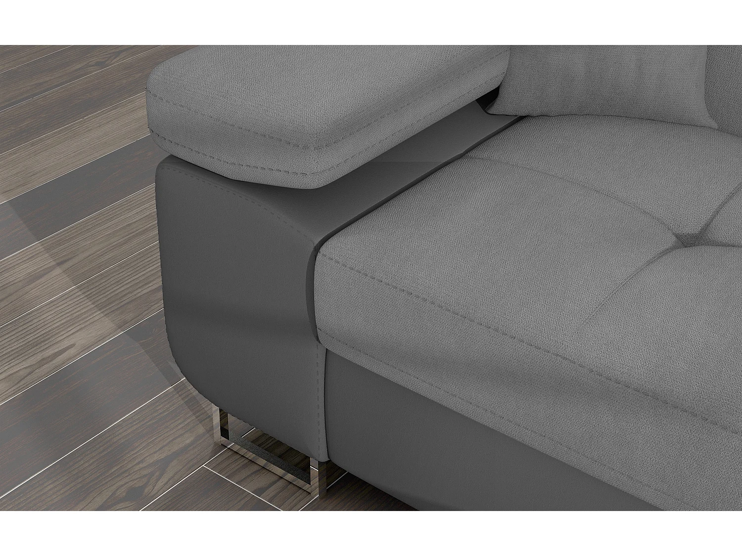 Sofá esquinero convertible KALIZO con reposacabezas regulables - Base y patas de acero cromado-Gris oscuro/gris-Ángulos rectos