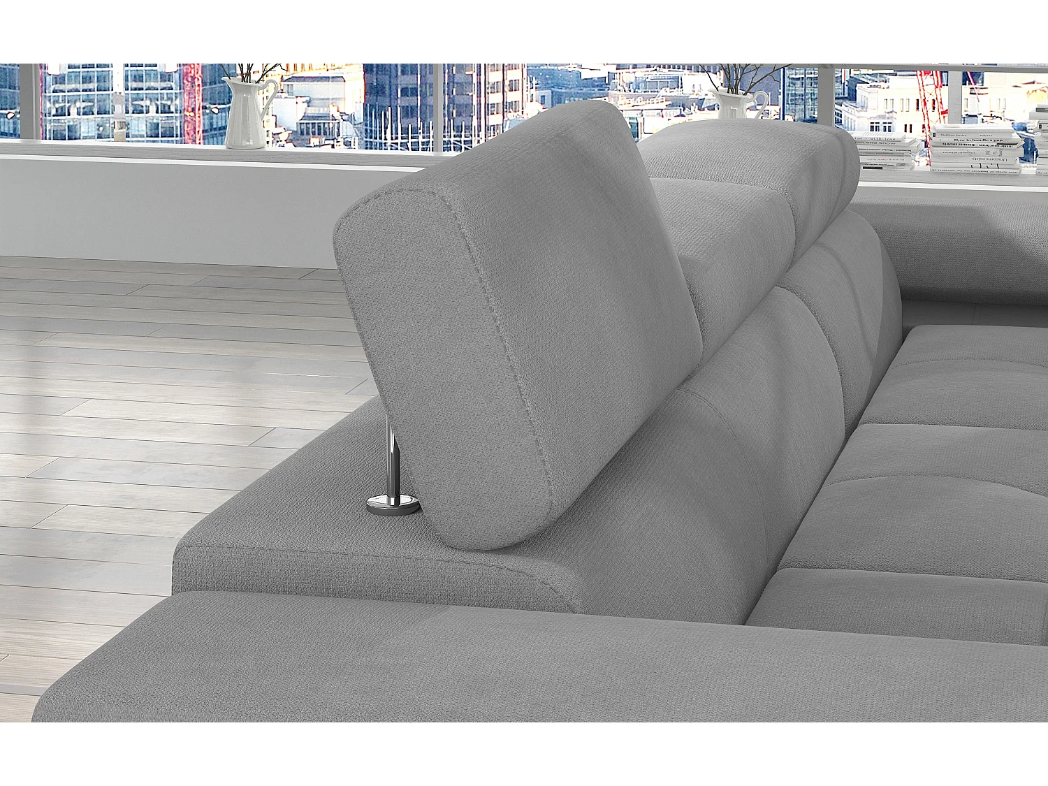Sofá esquinero convertible KALIZO con reposacabezas regulables - Base y patas de acero cromado-Gris oscuro/gris-Ángulos rectos