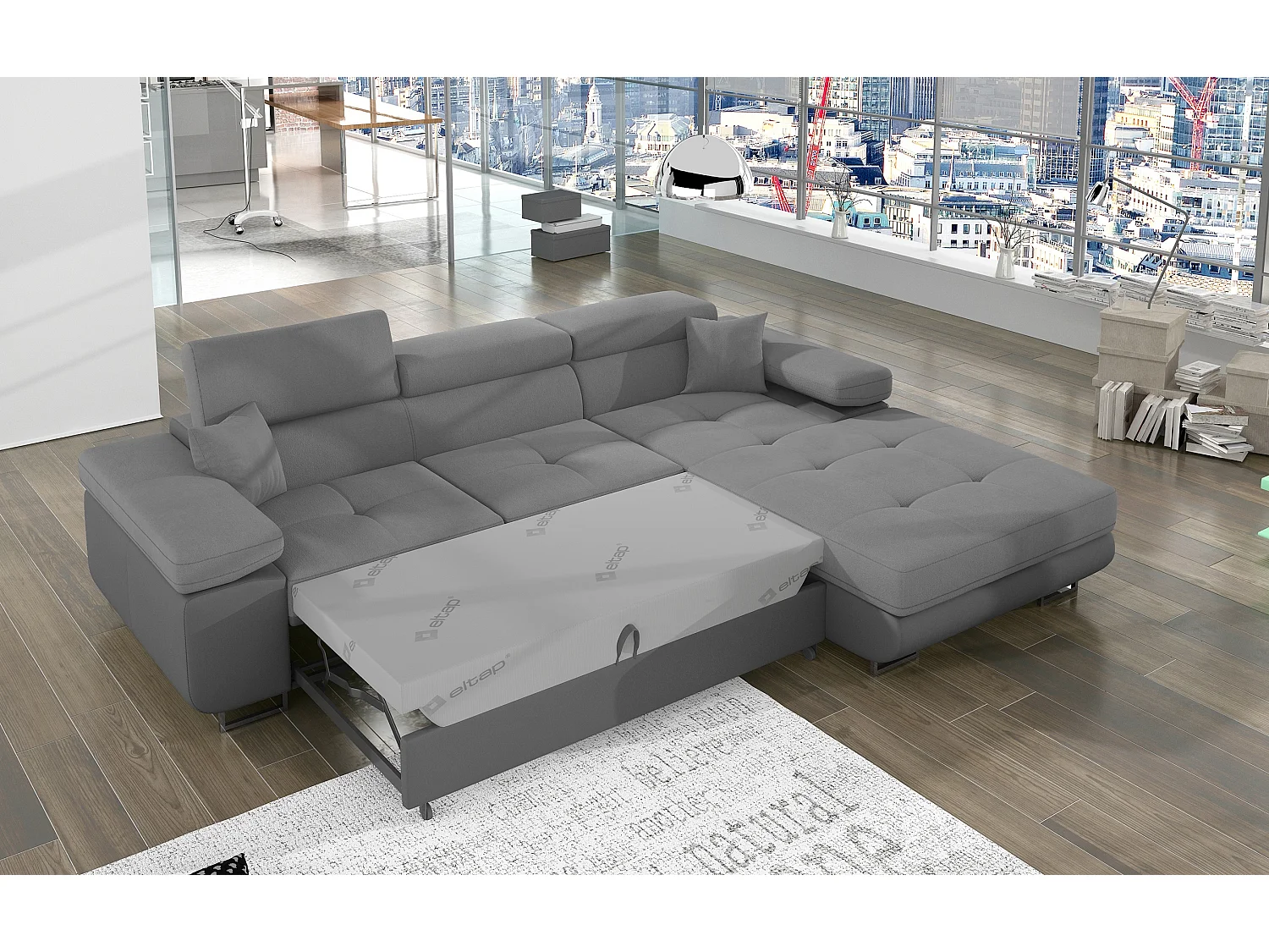 Sofá esquinero convertible KALIZO con reposacabezas regulables - Base y patas de acero cromado-Gris oscuro/gris-Ángulos rectos