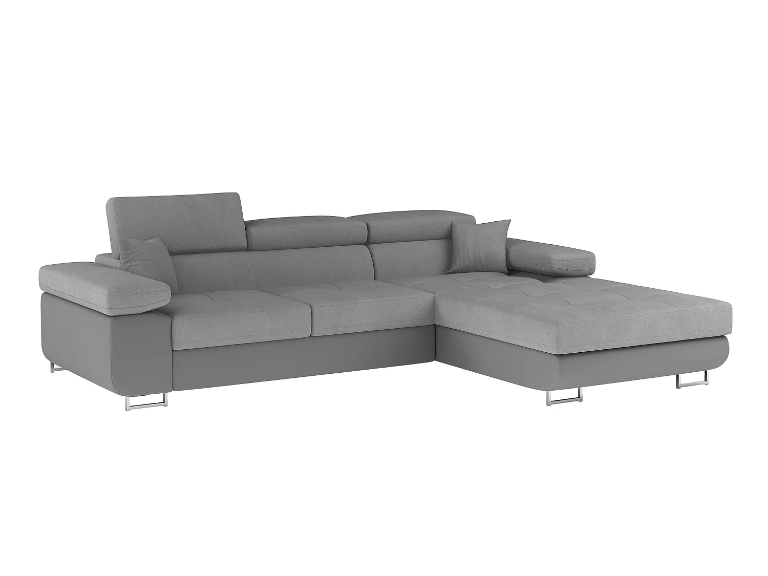 Sofá esquinero convertible KALIZO con reposacabezas regulables - Base y patas de acero cromado-Gris oscuro/gris-Ángulos rectos