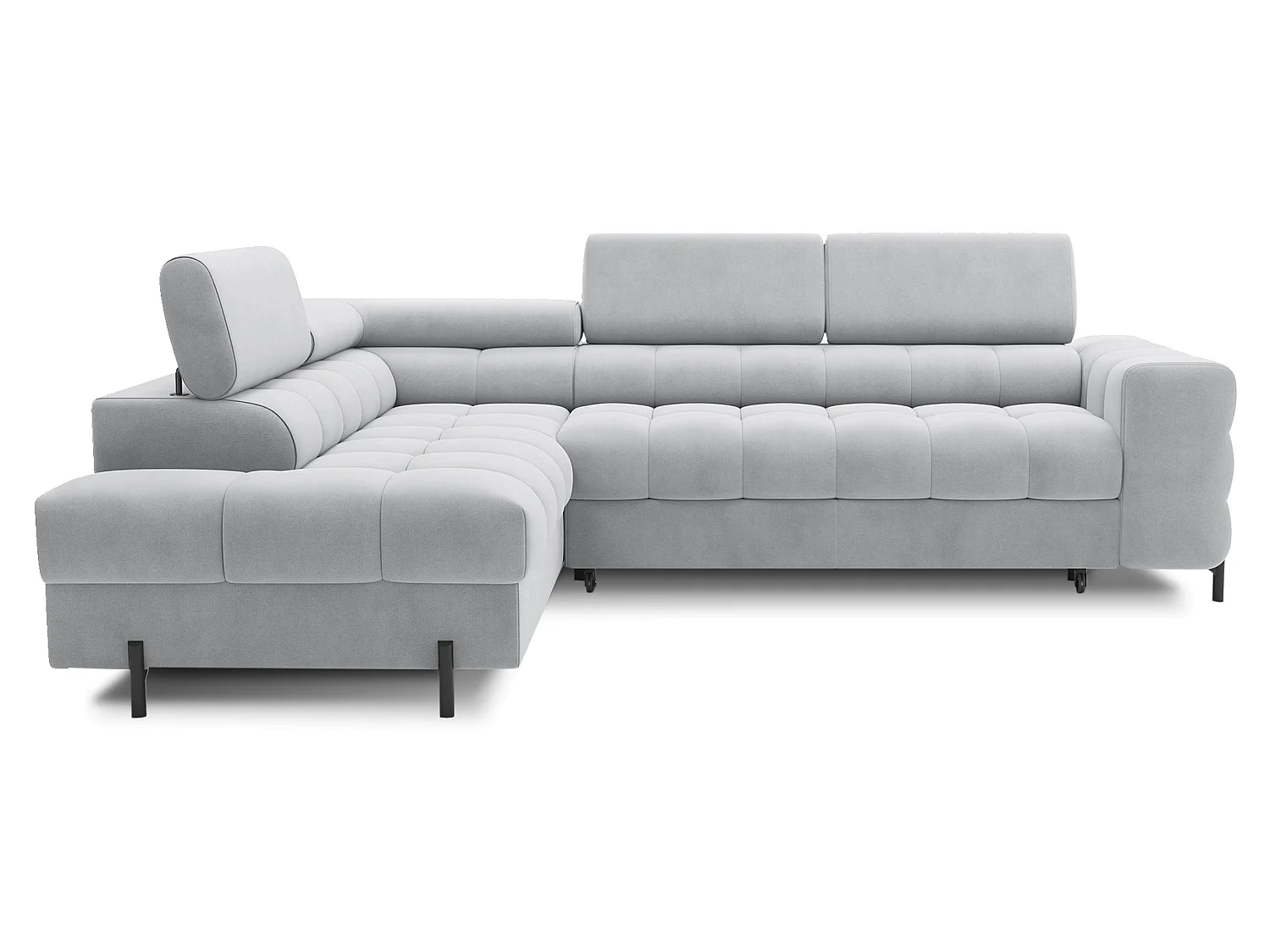 Canapé d’angle convertible LUCCINO en tissu avec coffre, têtières réglables et pieds en métal noir – 276cm-Gris clair-angle gauche