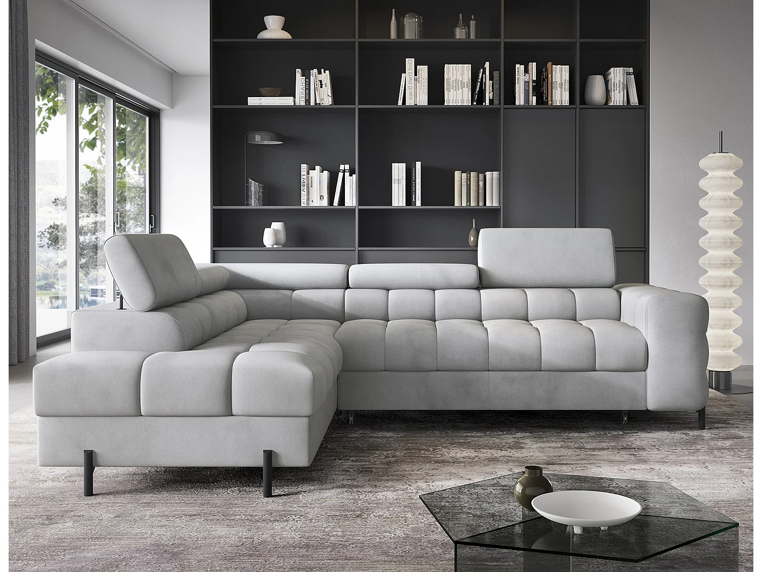 Canapé d’angle convertible LUCCINO en tissu avec coffre, têtières réglables et pieds en métal noir – 276cm-Gris clair-angle gauche