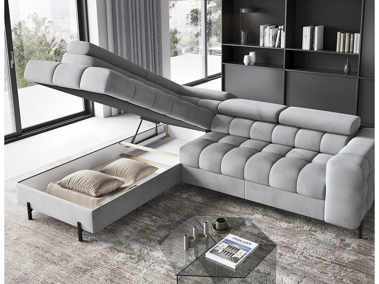 Canapé d’angle convertible LUCCINO en tissu avec coffre, têtières réglables et pieds en métal noir – 276cm-Gris clair-angle gauche
