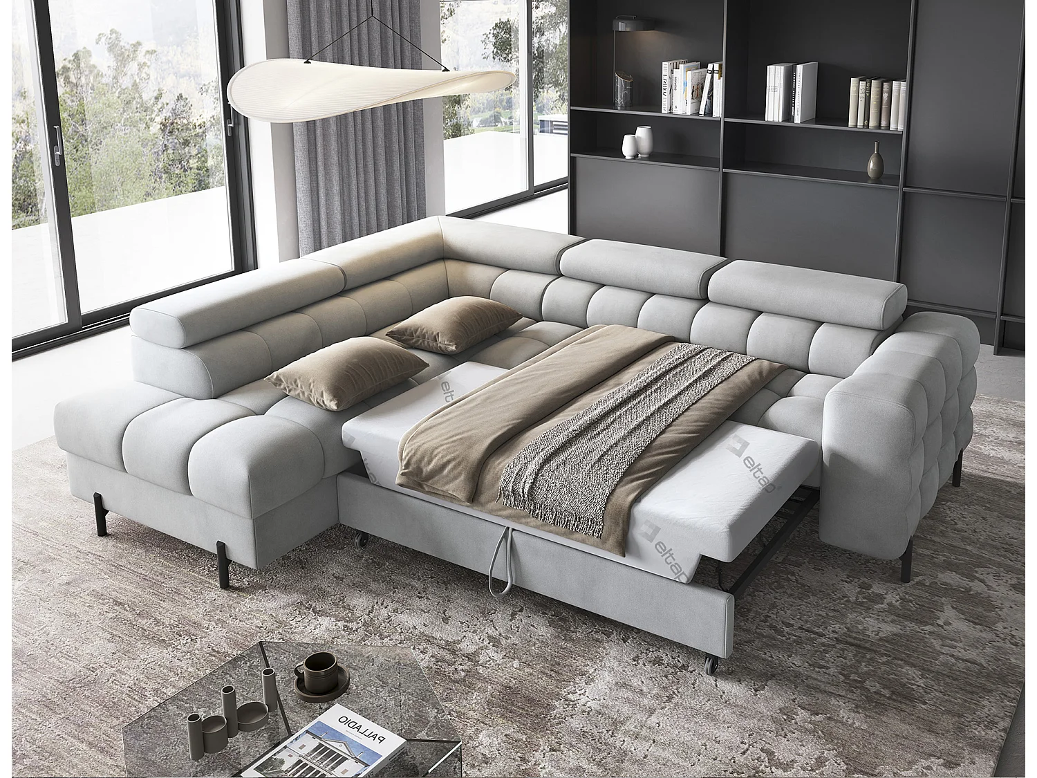 Canapé d’angle convertible LUCCINO en tissu avec coffre, têtières réglables et pieds en métal noir – 276cm-Gris clair-angle gauche
