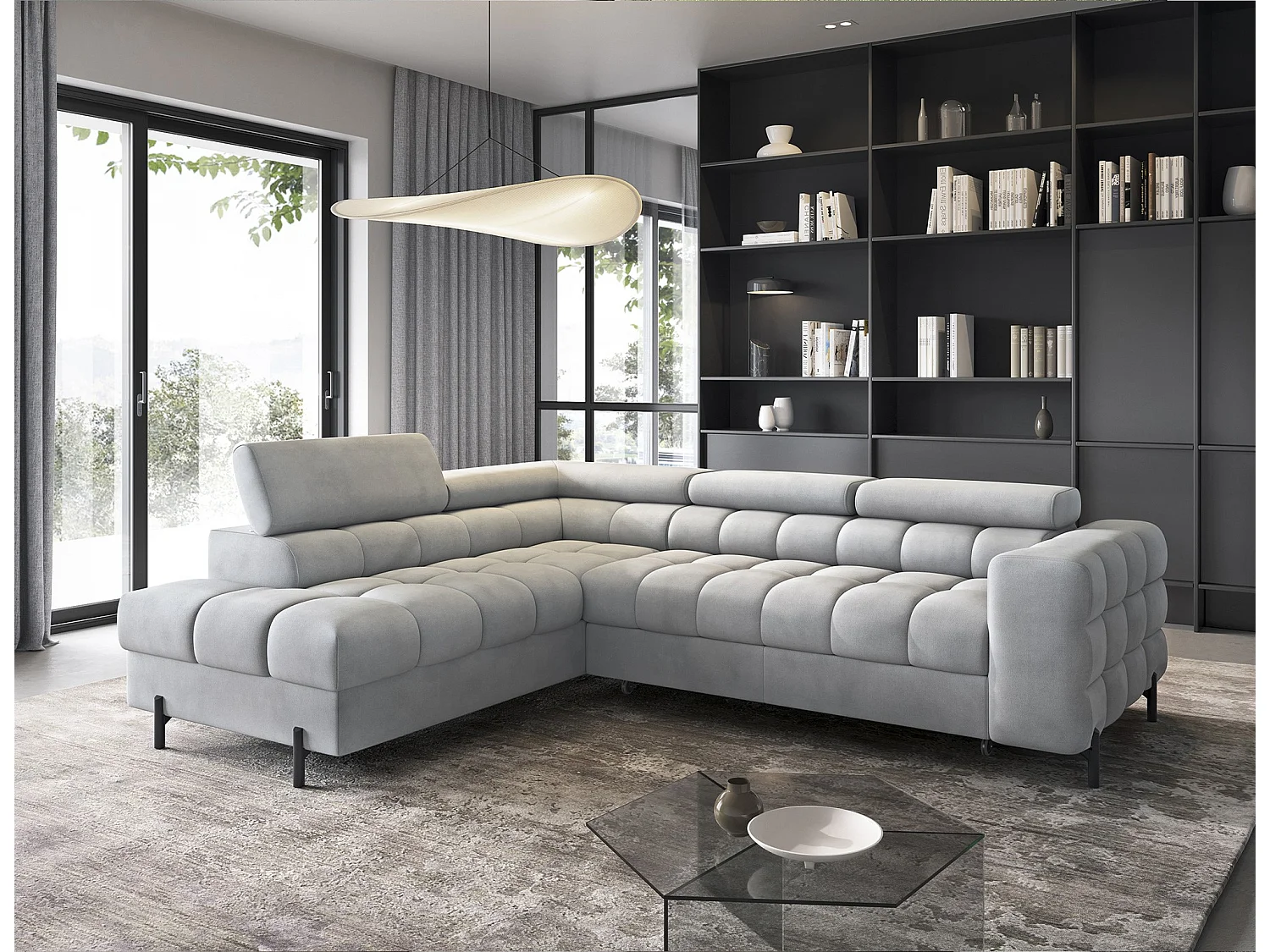 Canapé d’angle convertible LUCCINO en tissu avec coffre, têtières réglables et pieds en métal noir – 276cm-Gris clair-angle gauche