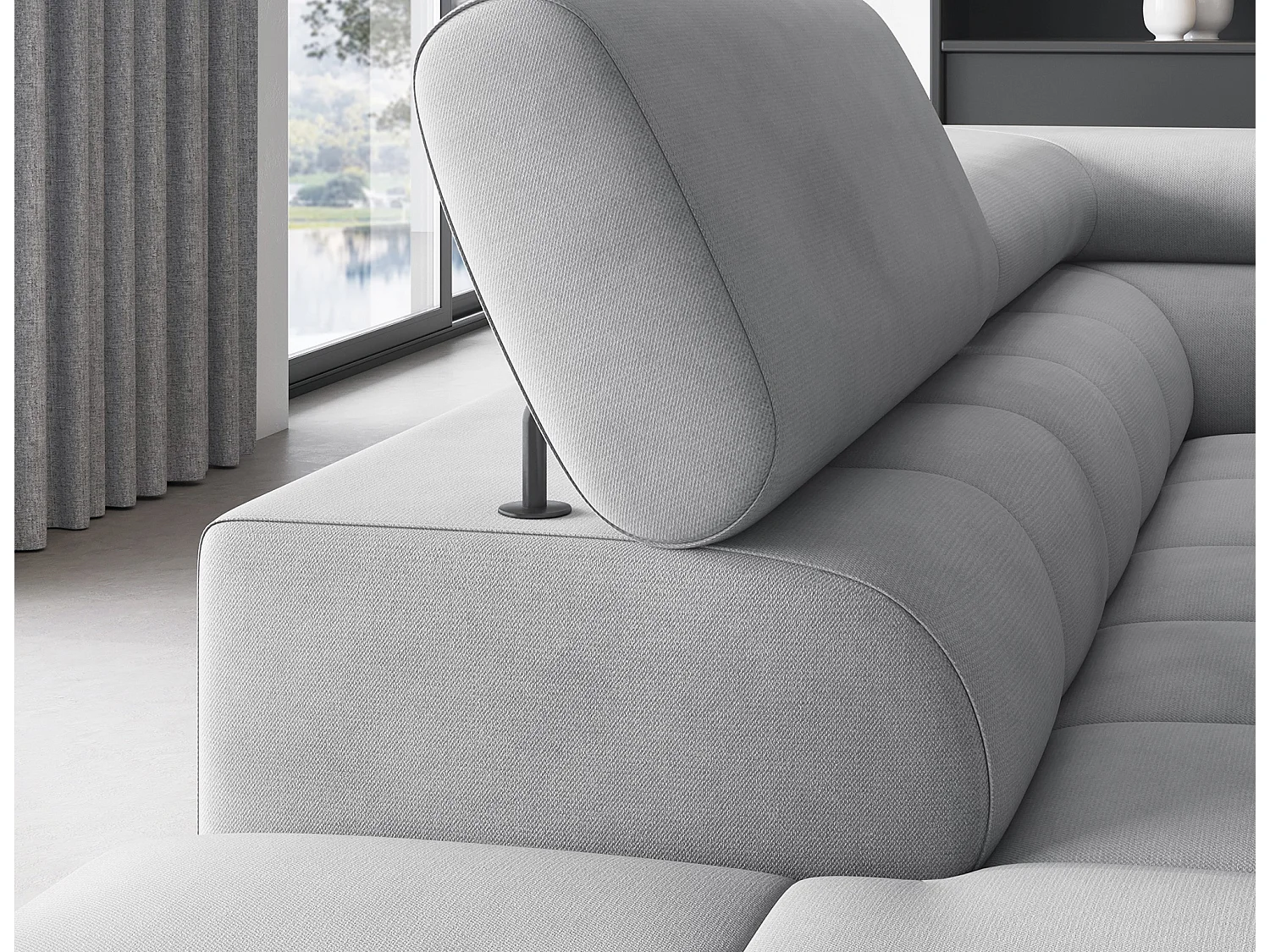 Canapé d’angle convertible LUCCINO en tissu avec coffre, têtières réglables et pieds en métal noir – 276cm-Gris clair-angle gauche