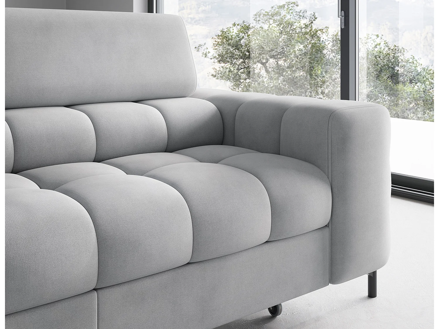 Canapé d’angle convertible LUCCINO en tissu avec coffre, têtières réglables et pieds en métal noir – 276cm-Gris clair-angle gauche