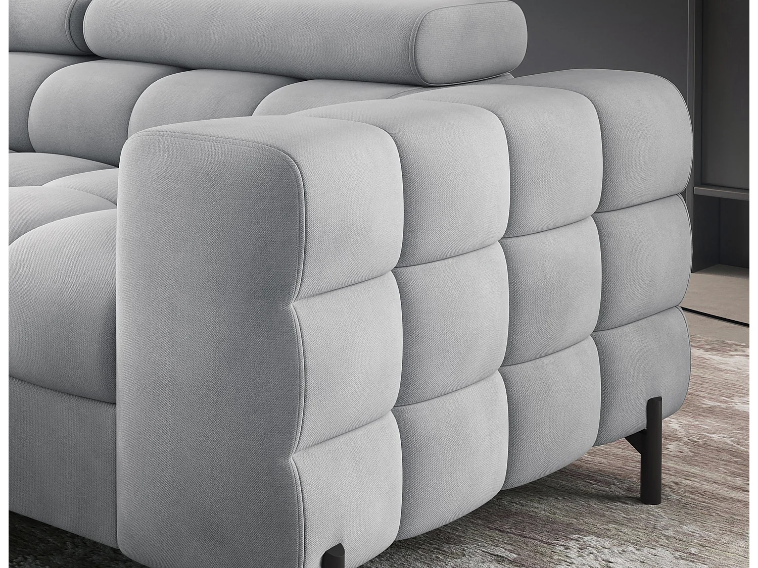 Canapé d’angle convertible LUCCINO en tissu avec coffre, têtières réglables et pieds en métal noir – 276cm-Gris clair-angle gauche