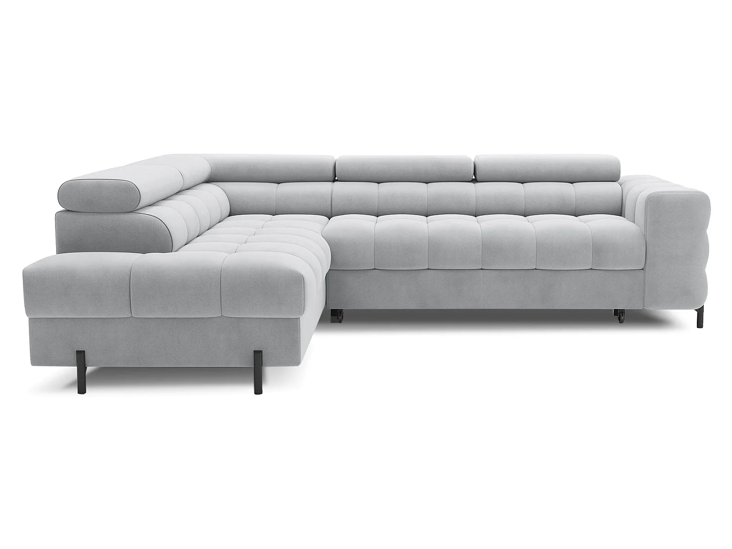 Canapé d’angle convertible LUCCINO en tissu avec coffre, têtières réglables et pieds en métal noir – 276cm-Gris clair-angle gauche