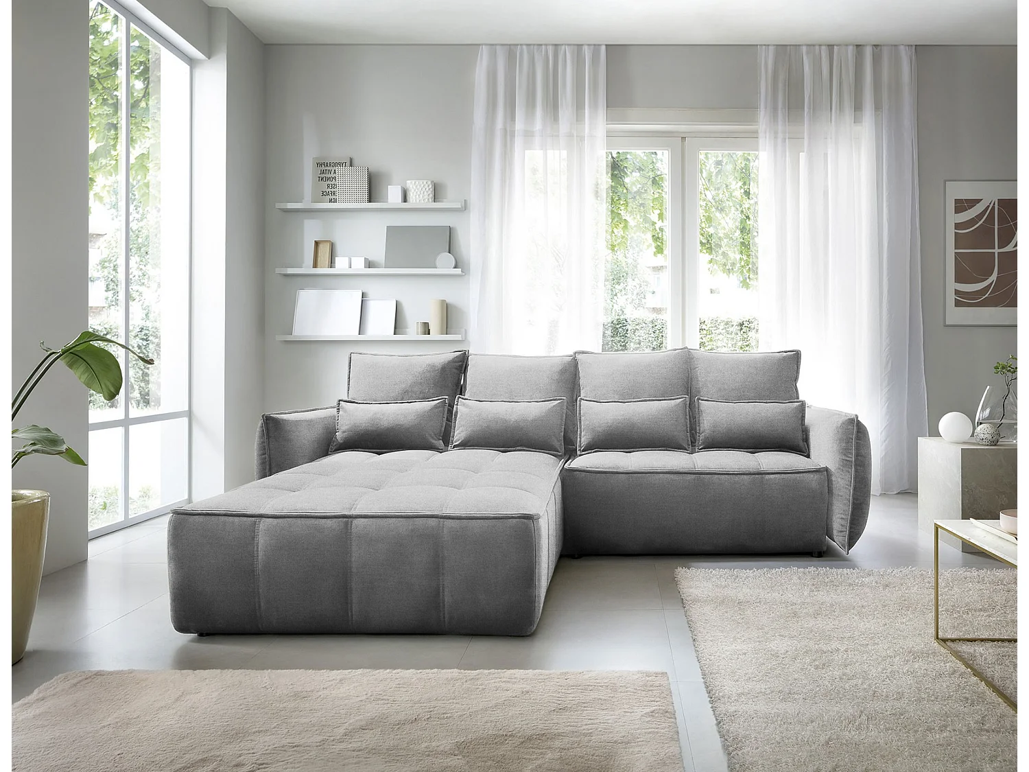 Canapé d’angle convertible 4 places KAMPUS en tissu effet cuir avec coffre de rangement – 265cm-Gris-angle gauche