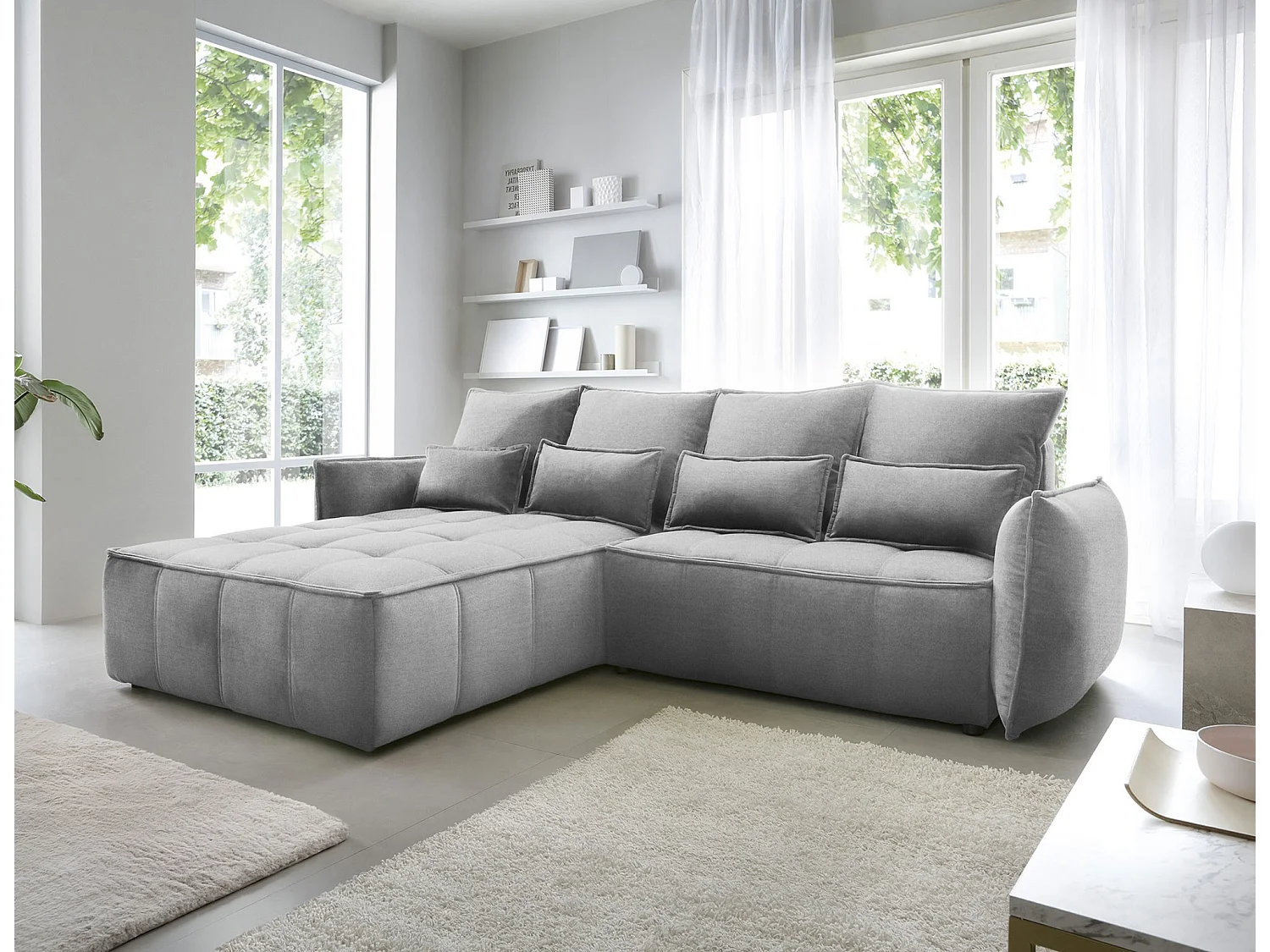 Canapé d’angle convertible 4 places KAMPUS en tissu effet cuir avec coffre de rangement – 265cm-Gris-angle gauche