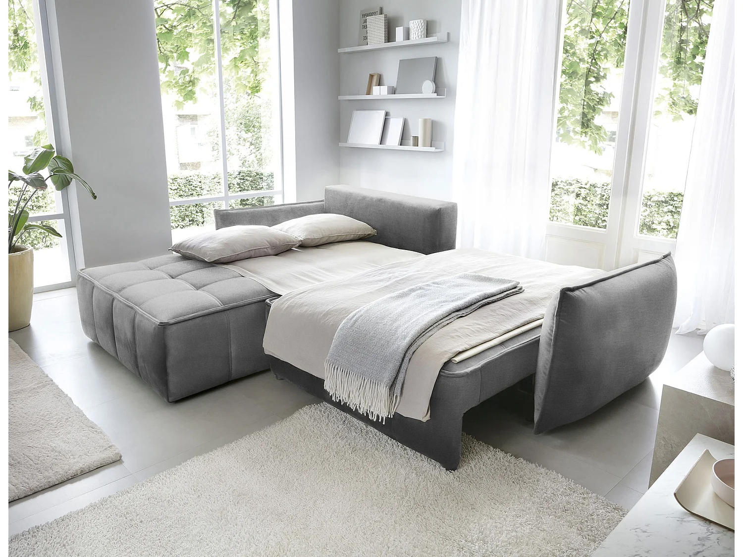 Canapé d’angle convertible 4 places KAMPUS en tissu effet cuir avec coffre de rangement – 265cm-Gris-angle gauche
