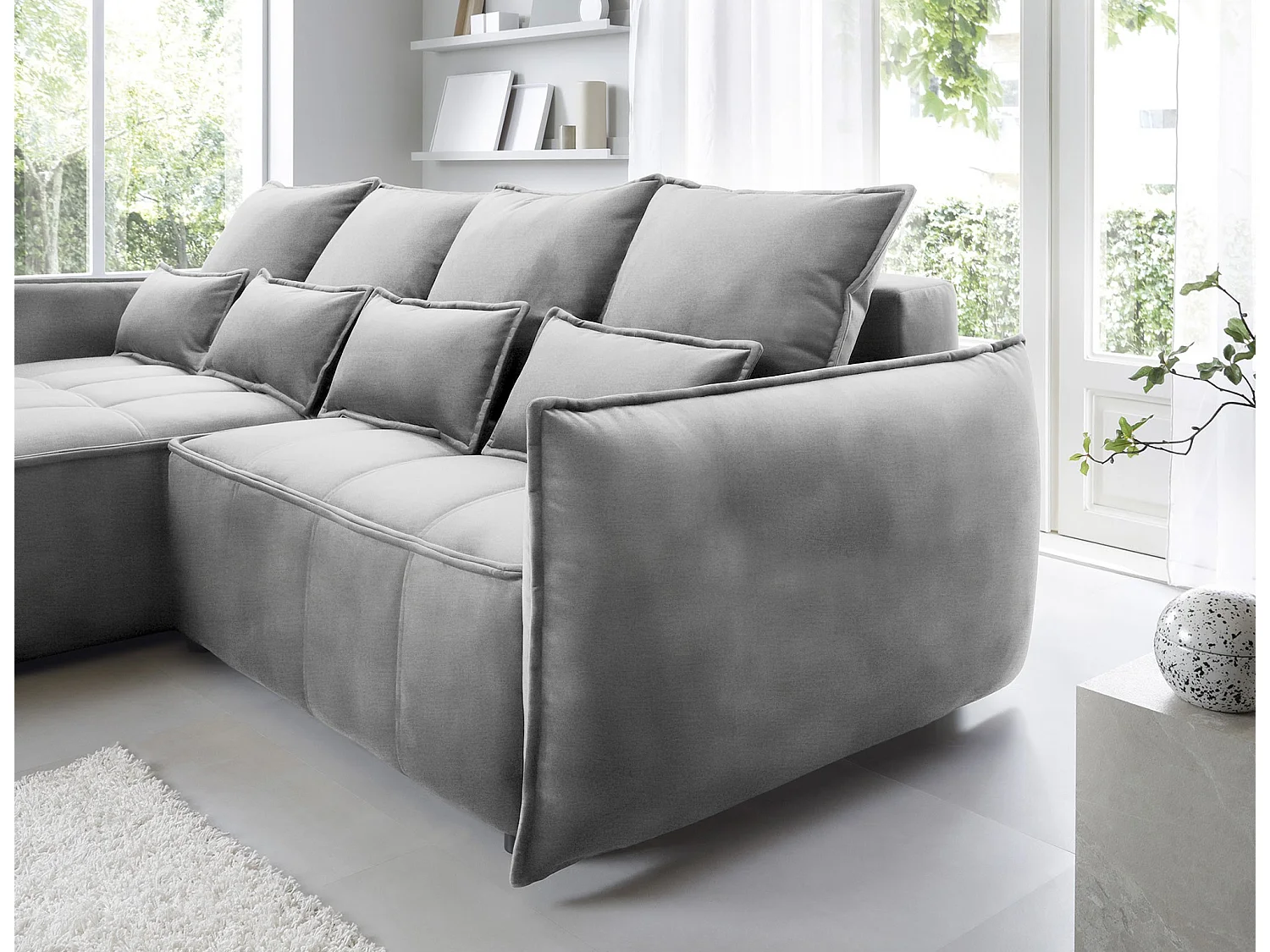 Canapé d’angle convertible 4 places KAMPUS en tissu effet cuir avec coffre de rangement – 265cm-Gris-angle gauche