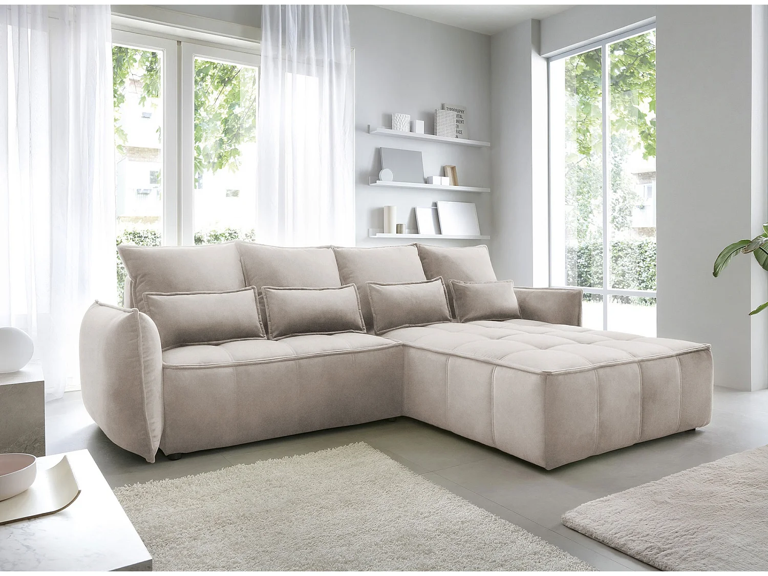 Canapé d’angle convertible 4 places KAMPUS en tissu effet cuir avec coffre de rangement – 265cm-Gris-angle gauche