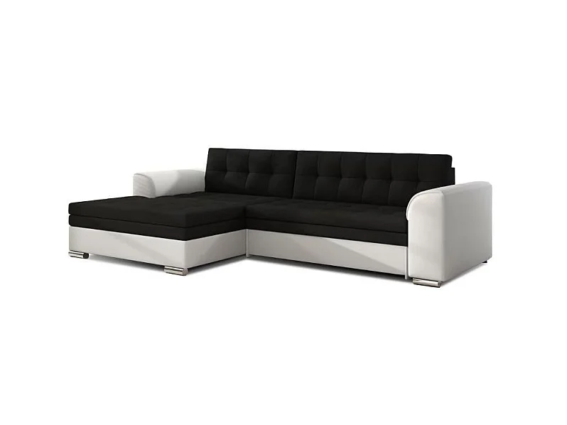 Sofá esquinero convertible KAPONA en tela y piel sintética - Patas de acero cromado-Blanco - Negro-Ángulo izquierdo