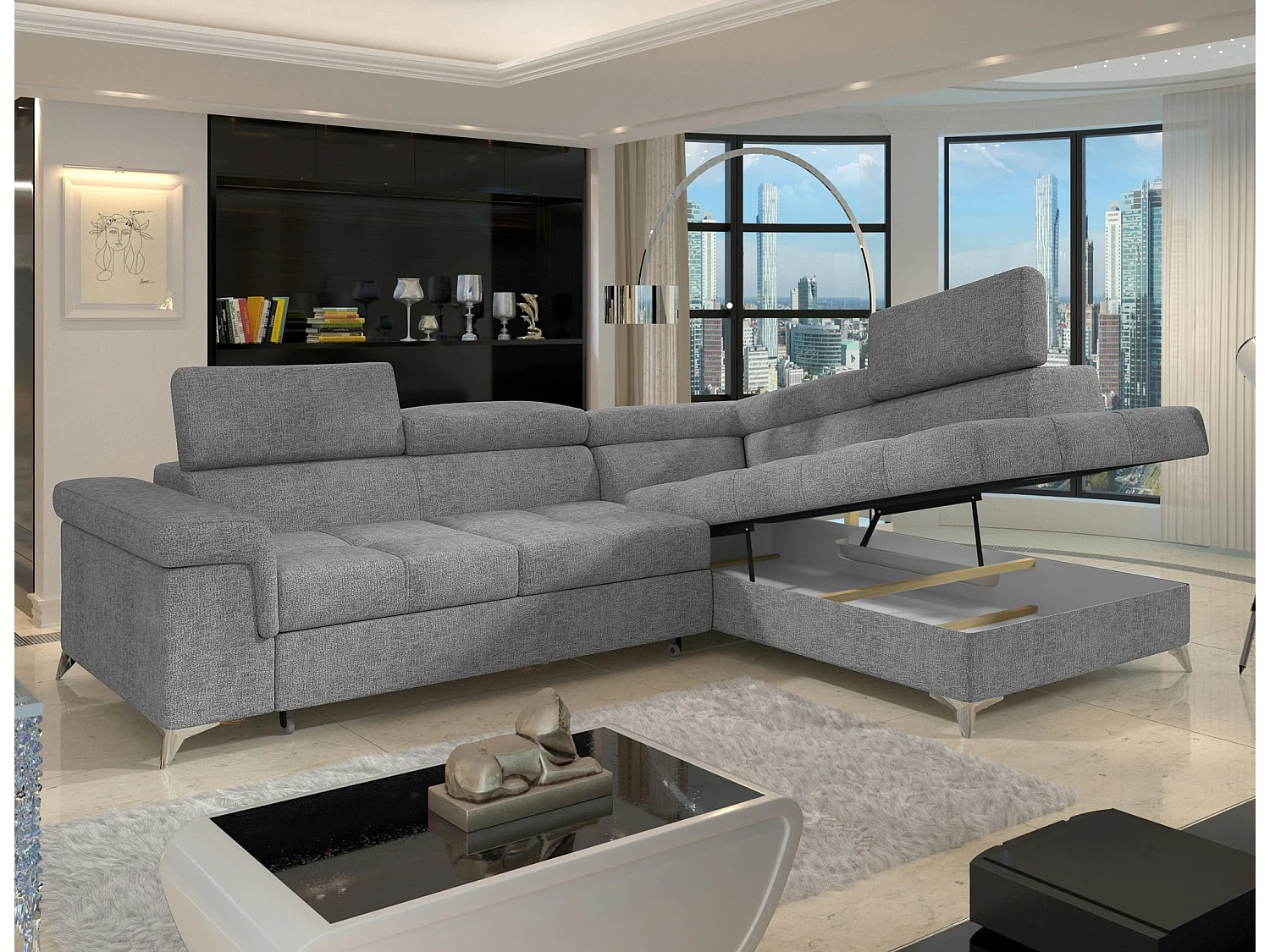 Canapé d’angle convertible MARIDO en tissu avec coffre et têtières réglables – 275cm-Gris clair-angle droit