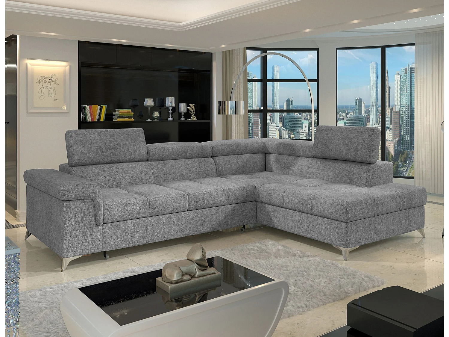 Canapé d’angle convertible MARIDO en tissu avec coffre et têtières réglables – 275cm-Gris clair-angle droit
