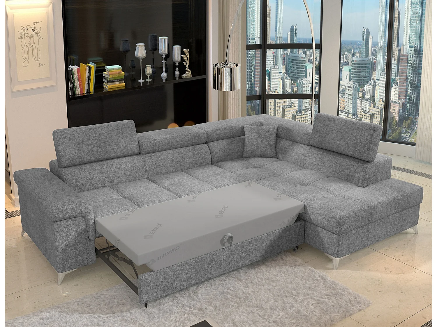 Canapé d’angle convertible MARIDO en tissu avec coffre et têtières réglables – 275cm-Gris clair-angle droit
