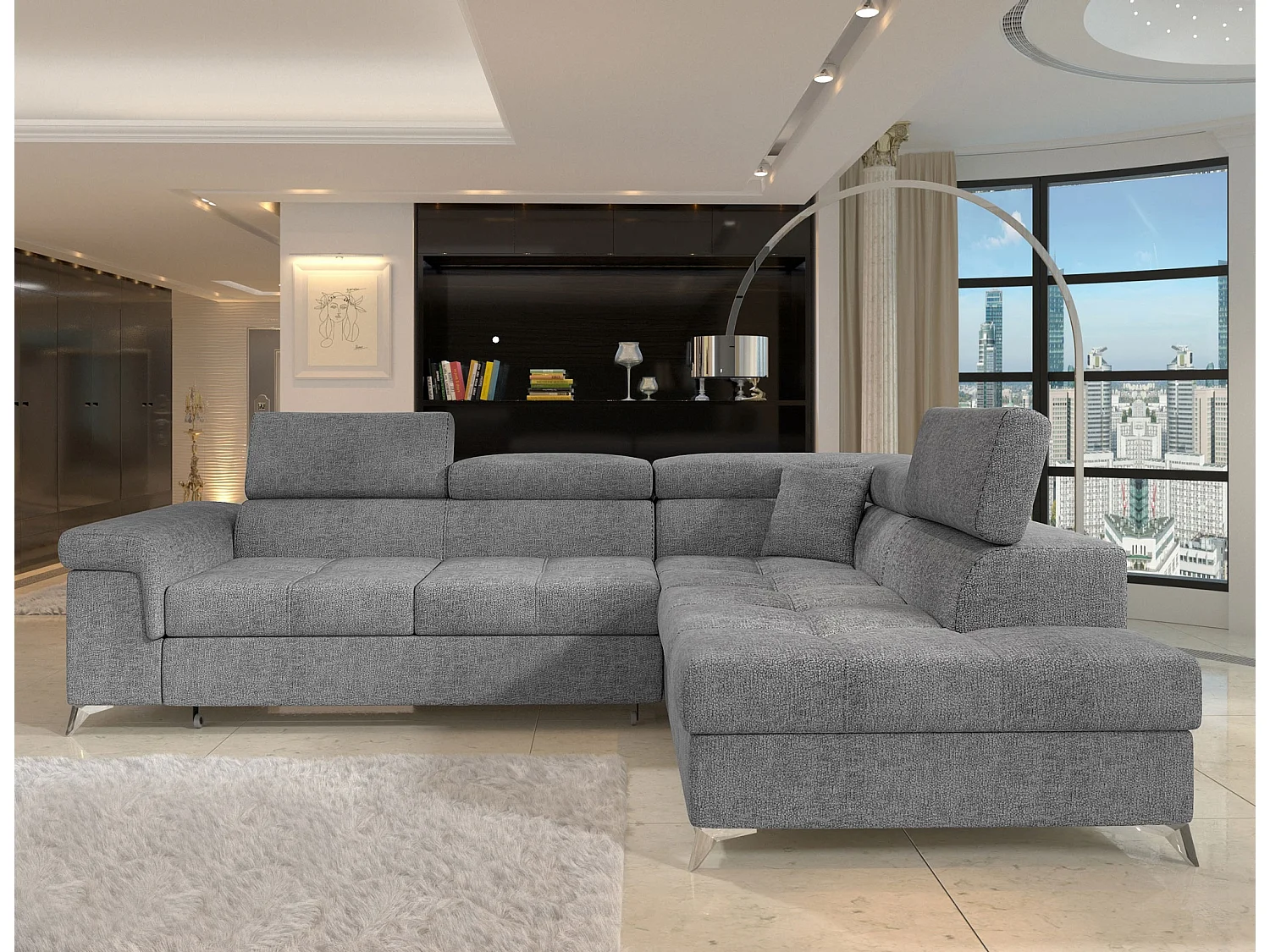 Canapé d’angle convertible MARIDO en tissu avec coffre et têtières réglables – 275cm-Gris clair-angle droit
