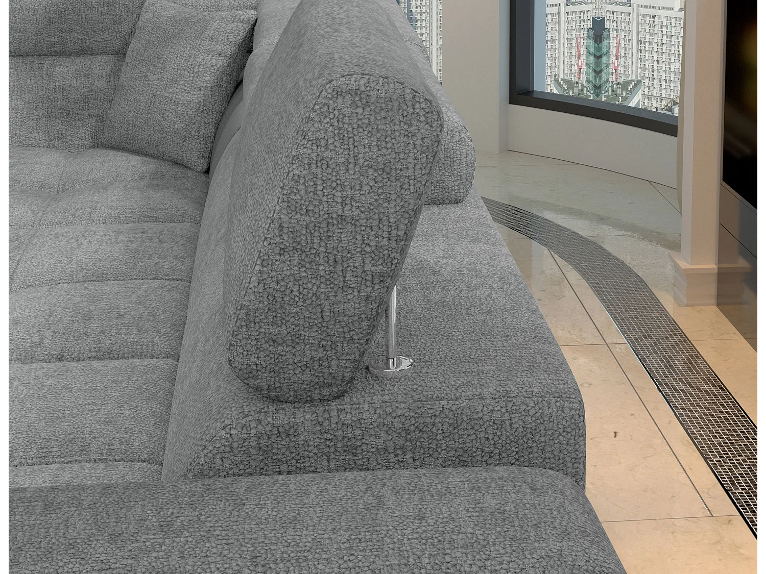 Canapé d’angle convertible MARIDO en tissu avec coffre et têtières réglables – 275cm-Gris clair-angle droit
