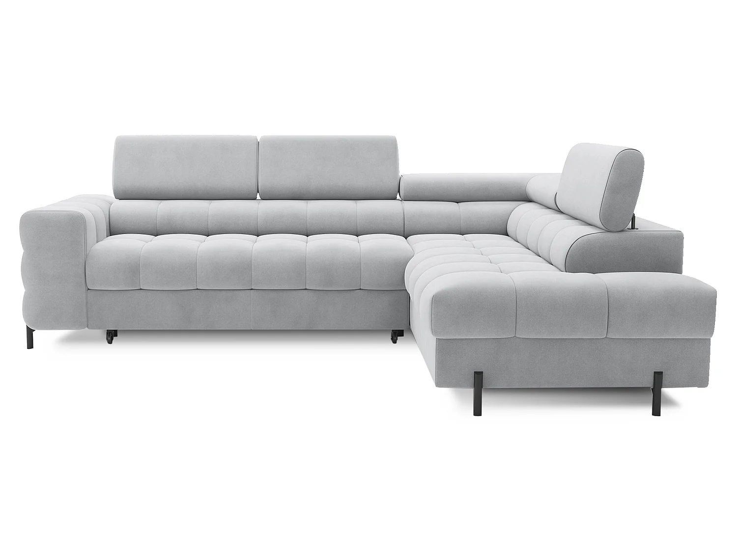 Canapé d’angle convertible LUCCINO en tissu avec coffre, têtières réglables et pieds en métal noir – 276cm-Gris clair-angle droit
