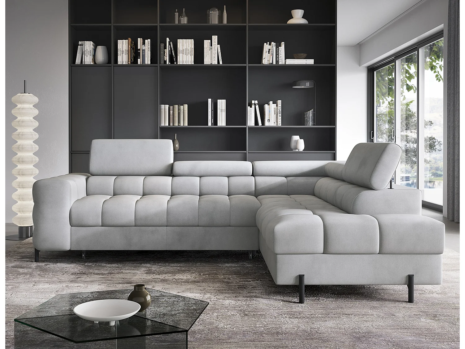 Canapé d’angle convertible LUCCINO en tissu avec coffre, têtières réglables et pieds en métal noir – 276cm-Gris clair-angle droit