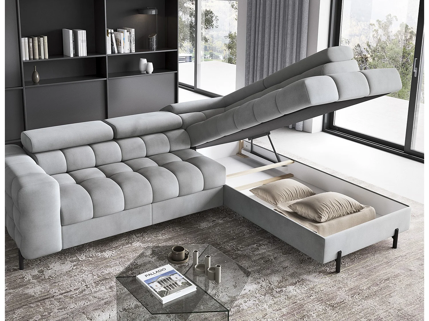 Canapé d’angle convertible LUCCINO en tissu avec coffre, têtières réglables et pieds en métal noir – 276cm-Gris clair-angle droit
