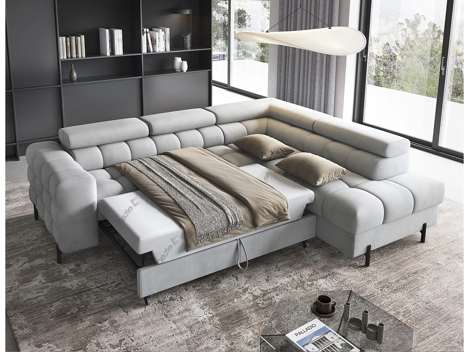 Canapé d’angle convertible LUCCINO en tissu avec coffre, têtières réglables et pieds en métal noir – 276cm-Gris clair-angle droit