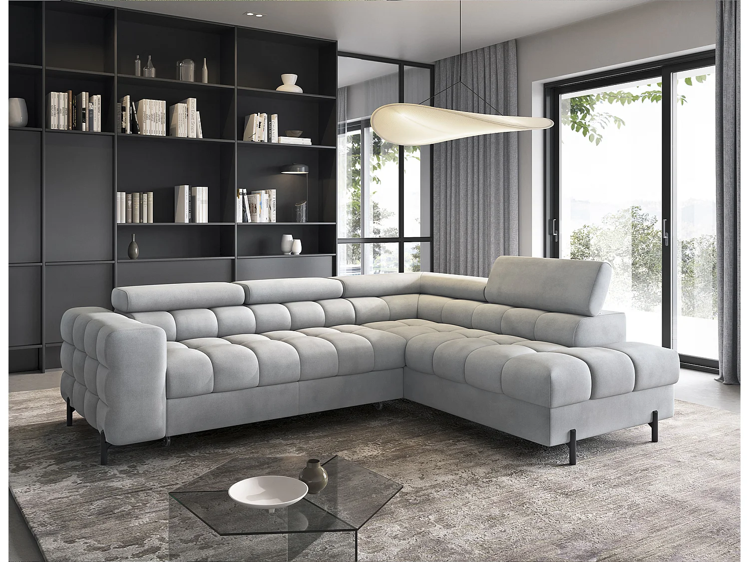 Canapé d’angle convertible LUCCINO en tissu avec coffre, têtières réglables et pieds en métal noir – 276cm-Gris clair-angle droit