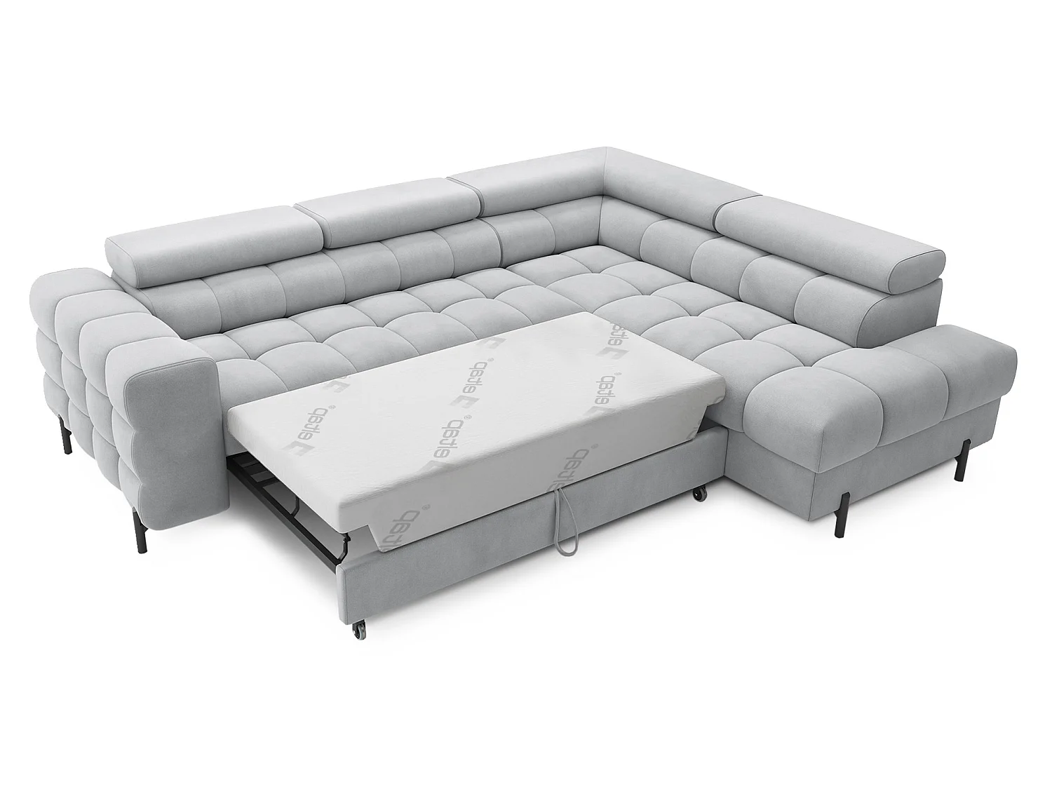 Canapé d’angle convertible LUCCINO en tissu avec coffre, têtières réglables et pieds en métal noir – 276cm-Gris clair-angle droit