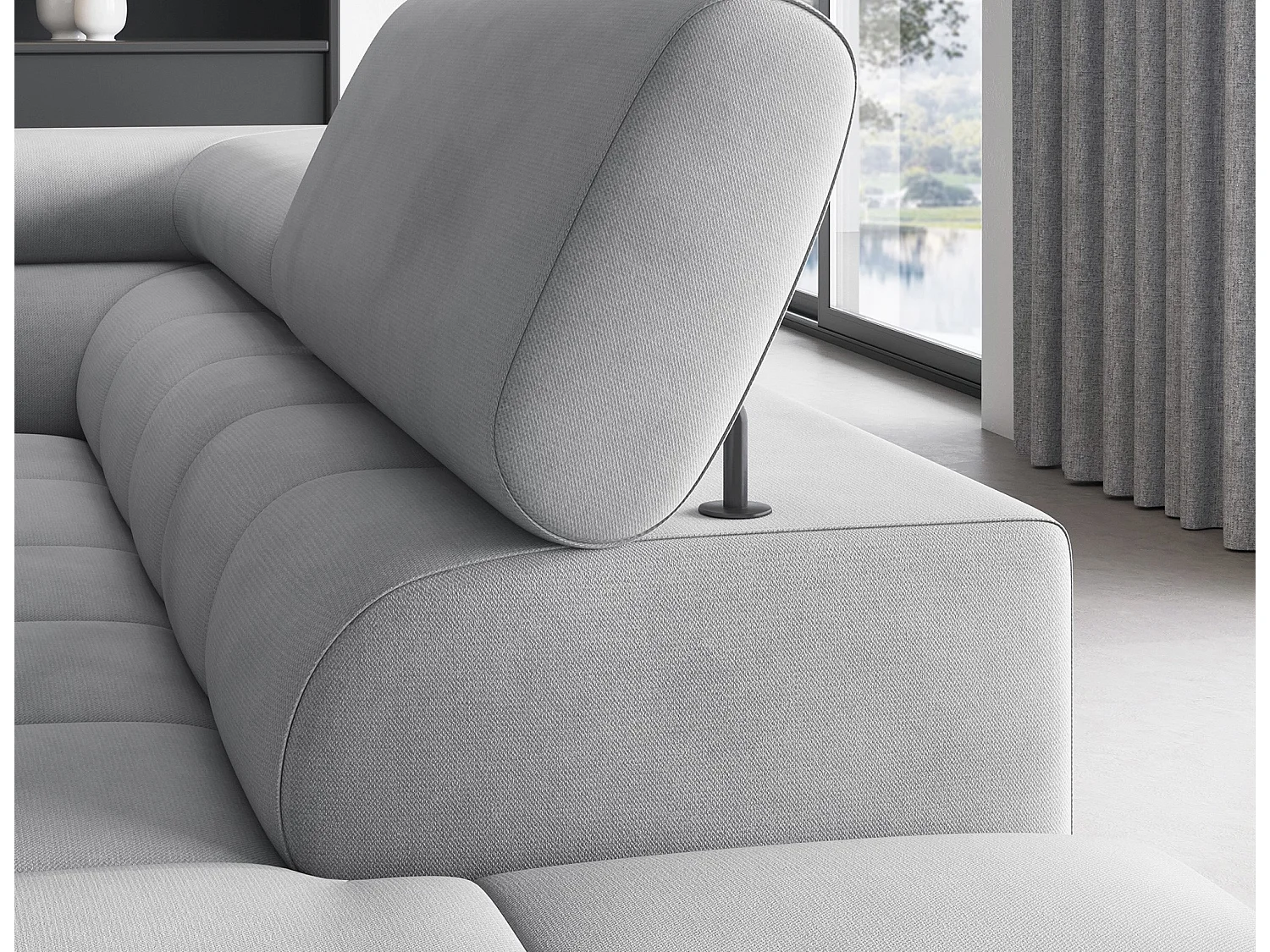 Canapé d’angle convertible LUCCINO en tissu avec coffre, têtières réglables et pieds en métal noir – 276cm-Gris clair-angle droit