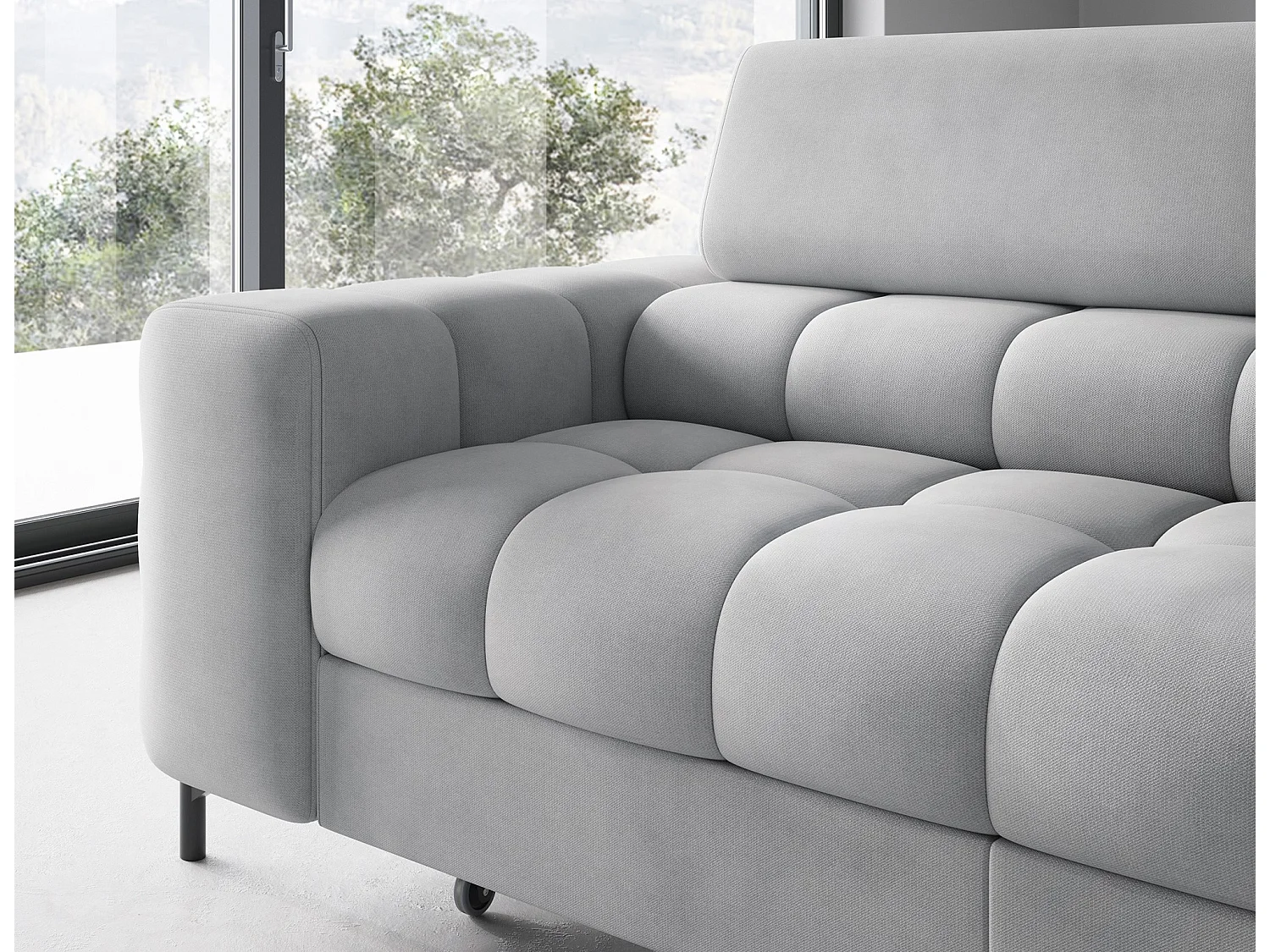 Canapé d’angle convertible LUCCINO en tissu avec coffre, têtières réglables et pieds en métal noir – 276cm-Gris clair-angle droit