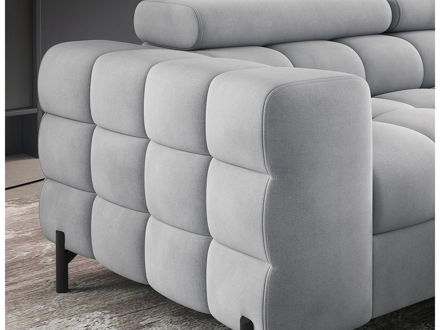 Canapé d’angle convertible LUCCINO en tissu avec coffre, têtières réglables et pieds en métal noir – 276cm-Gris clair-angle droit