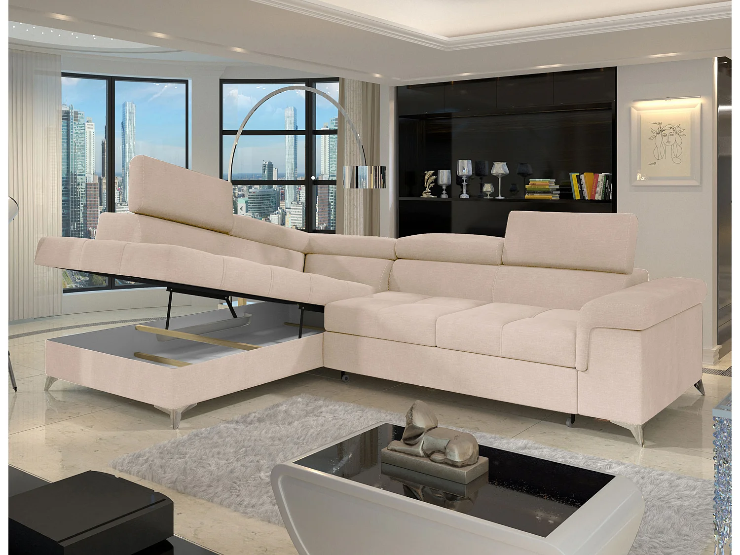 Canapé d’angle convertible MARIDO en velours avec coffre et têtières réglables – 275cm-Beige clair-angle gauche