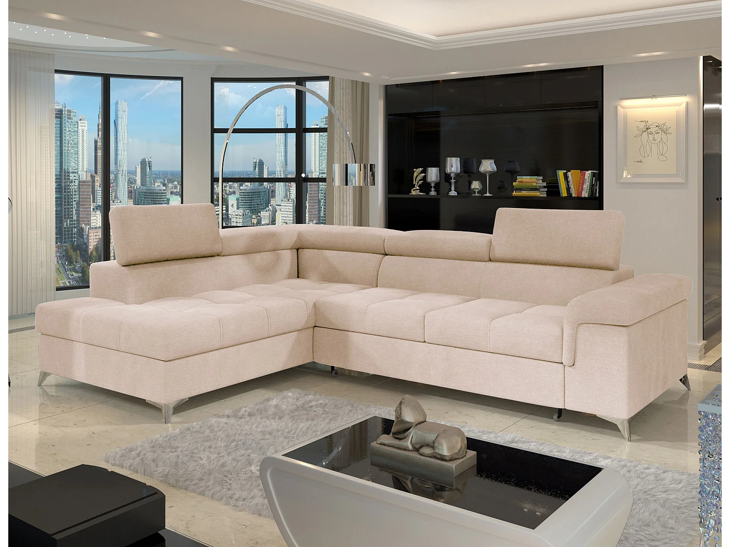Canapé d’angle convertible MARIDO en velours avec coffre et têtières réglables – 275cm-Beige clair-angle gauche